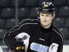 Max Jones practises with his new team, the Kingston Frontenacs, at the Rogers K-Rock Centre on Thursday. (Steph Crosier/The Whig-Standard/Postmedia Network)