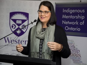 Dr. Jennifer Walker of Laurentian University speaks at a press conference detailing the launch of a first-of-its-kind Indigenous research network, with Western University as a mentorship hub in London, Ont. on Thursday January 11, 2018. (DEREK RUTTAN, The London Free Press)