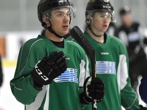 New London Knights Nathan Dunkley, left, and Connor McMichael during practice at the Western Fair Sports Centre on Wednesday January 10, 2018 (MORRIS LAMONT, The London Free Press)