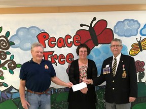 Goderich Public School principal Abby Armstrong (centre) receives donation from Goderich Legion President John MacDonald (right) and Legion member Tom Joyce. (Contributed photo)