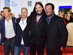 The Tragically Hip, from left, Gord Sinclair, Johnny Fay, Rob Baker and Paul Langlois arrive on the red carpet for the movie "Long Time Running" during the 2017 Toronto International Film Festival in Toronto on Wednesday, September 13, 2017. Newstrike Resources Ltd. says the Tragically Hip is backing the company's deal to be acquired by CanniMed Therapeutics Inc. THE CANADIAN PRESS/Frank Gunn