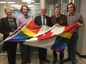 Former city councillor Megan Walker, medical officer of health Christopher Mackie, Mayor Matt Brown, former HALO president Richard Hudler and London Pride president Andrew Rosser attend Brown?s apology Friday for then-mayor Dianne Haskett?s refusal in 1995 to proclaim Gay Pride Week. (MEGAN STACEY, The London Free Press)