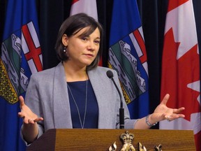 Alberta Environment Minister Shannon Phillips announces details of a bill introduced in the legislature in Edmonton on November 1, 2016. Alberta's environment minister says she's not responsible for a controversial tweet advising people to eat less meat. Shannon Phillips tweeted on Friday that the message, which was posted on her Twitter account on Jan. 2, came from a staff person during a period when Phillips says she was away from her Twitter account. (THE CANADIAN PRESS/ Dean Bennett)