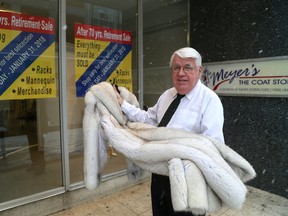 Donald McBrearty, owner of Meyer?s, The Coat Store, on Dundas Street, is retiring and closing his downtown store for good at the end of the month. The store was opened in 1948 by Meyer Epstein; McBrearty bought the business in 1987. (MIKE HENSEN, The London Free Press)