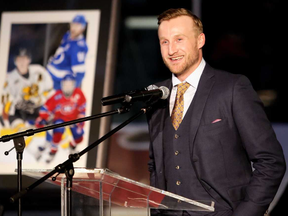 Former Sarnia Sting scoring star Steven Stamkos speaks to a sellout crowd during a ceremony retiring his No. 91 at Progressive Auto Sales Arena in Sarnia, Ont., on Friday, Jan. 12, 2018. (Mark Malone/Postmedia Network)