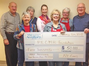 Briar Boyce/Special to The Intelligencer
The Prince Edward County Memorial Hospital Foundation received a cheque for $50,000 from the 2017 Festival of Trees and the PECMH Auxiliary Friday to be used for a vital piece of equipment, the Endo Works picture archive system. Pictured, back row from the left: Art Hewer, Auxiliary vice president, Sue Law, Foundation board member, Penny Rolinski, Foundation executive director, Bev Thompson, Festival of Trees committee member and Jack Starkey, Festival of Trees chairman; Front row: Fran Donaldson, Foundation vice chairperson, and Cathy Starkey, Festival of Trees committee.