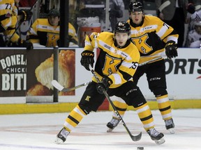 Kingston Frontenacs forward Linus Nyman enters the Oshawa Generals zone before attempting a drop pass to Gabriel Vilardi during the second period of Ontario Hockey League action at the Rogers K-Rock Centre in Kingston on Saturday, Jan. 13, 2018. Nyman scored two goals and Vilardi picked up three assists as the Frontenacs won, 4-1.