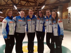 Team Fleury, including coach Andrea Ronnebeck, Amanda Gates, Jennifer Wylie, Jenna Enge, Crystal Webster and Tracy Fleury, pose for a photo after winning the 2018 Northern Ontario Scotties Tournament of Hearts. Ben Leeson/The Sudbury Star/Postmedia Network