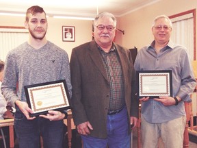 Photo by Helen Morley/For The Mid-North Monitor
Certificates recognizing the heroism of Sheldon George and Andrew Dagg were presented by Mayor Ron Piche at the Jan, 9 Espanola town council meeting.