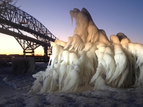 Sarnia's Doug McLean took this photo of an ice-covered tree Saturday evening on the Point Edward waterfront near the Blue Water Bridge. The cellphone photo was posted online where it has been attracting attention. (Handout)