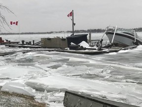 Ice has caused extensive damage to the docks on the Canadian side of the St. Clair River in Port Lambton, Sombra and Courtright. Shown is ice not only damaging a dock near Sombra, but also a boat lifted several feet out of the water.