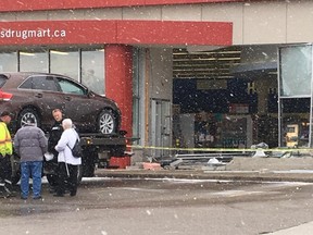 Submitted photo: There is substantial damage after a car drove through the front window of Wallaceburg's Shoppers Drug Mart on Monday afternoon,
