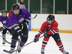 William Moore of the Lo Ellen Lightning and John Contini of the Algonquin Hawks battle for the puck during the atom final at the annual Police Cup hockey tournament on Sunday. The tournament featured more than 500 local hockey players from the Sudbury Playground Hockey League. Participants of the tournament gave back to the community by donating non-perishable food items at bins located at Countryside. The food items will go to the Sudbury Food Bank. Gino Donato/Sudbury Star