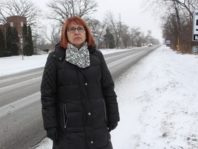 Aamjiwnaang Chief Joanne Rogers stands by Tashmoo Avenue, at the northern edge of the Aamjiwnaang First Nation reserve. Community safety zones for the roadway and St. Clair Parkway were approved by Sarnia city council Monday. (Tyler Kula/Sarnia Observer/Postmedia Network)