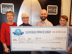 Club Richelieu feminin de Sudbury presented a $2,000 donation to the Place des Arts project on January 12, 2018. Taking part in the cheque presentation are Diane Demore, left, Jeannine Rouleau, Martin Lajeunesse and Lorraine Malette. Supplied photo