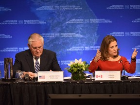 Chrystia Freeland, Canada's Minister of Foreign Affairs, gives opening remarks as Rex Tillerson, US Secretary of State, listens at the "Vancouver Foreign Ministers Meeting on Security and Stability on the Korean Peninsula" on January 16, 2018, in Vancouver, British Columbia. DON MACKINNON/AFP/Getty Images