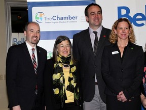 Ian MacAlpine/The Whig-Standard
Kingston Mayor Bryan Paterson, from left, Kingston and the Islands MPP Sophie Kiwala, Kingston and the Islands MP Mark Gerretsen, and new Greater Kingston Chamber of Commerce board chair for 2018 Melody Knott attend the annual chamber breakfast at the Ramada Inn and Convention Centre on Tuesday.