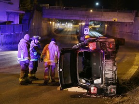 Gino Donato/The Sudbury Star/Postmedia Network
Greater Sudbury Police, fire and EMS responded to a single-vehicle rollover on Brady Street on Tuesday night. The extent of the injuries to the occupants was not released.