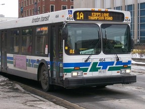 Pictured is a London public transit bus. The Huron Shores Transit Steering Committee says that, pending approvals, a tri-county transit system could be in place — serving areas of Huron County — by 2020. The Committee's survey is open to the public until February 10, 2018. It asks about route options serving the three counties and will assess the level of interest and need for a community transportation service covering Bluewater, Kettle & Stony Point, Lambton Shores, North Middlesex and South Huron, with possible links to Sarnia and London. The types of service may include regular-route service, call-in service, accessible vans, tourist service and connecting links to taxi, health care and other service provider services. (POSTMEDIA FILE PHOTO)