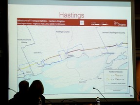 Tim Miller/The Intelligencer
Councillors watch a presentation from the Ministry of Transportation on Highway 401 road closures during a meeting on Monday in Trenton.