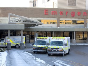 Ambulances at Victoria Hospital in London. (DEREK RUTTAN, The London Free Press)