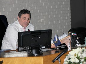 Chatham Coun. Derek Robertson, left, budget chair, and chief financial officer Mike Turner are shown during Wednesday's draft budget presentation. Community open houses will take place next week. (Trevor Terfloth/The Daily News)