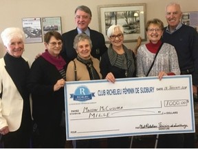 Taking part in the presentation was Jeanne Warwick, left, a member of the McCulloch Hospice cabinet, Lorraine Malette, of Club Richelieu feminin de Sudbury, Jeannine Bradley, of Club Richelieu feminin de Sudbury, Gerry Lougheed Jr., member of the McCulloch Hospice cabinet, Jeannine Rouleau, chair of the Donations and Gifts Committee of Club Richelieu feminin de Sudbury, Diane Demore, co-chair of Club Richelieu feminin de Sudbury, Michel Demore, member of the McCulloch Hospice cabinet, and Leo Therrien, executive director of the McCulloch Hospice.