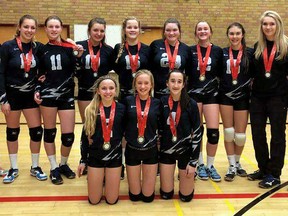The Sarnia Twin Bridges 14U Thunder won gold at the Ontario Volleyball Association's 14U McGregor Cup – Trillium A tournament by beating the London Sharks Great Whites 13U 2-1 in the final in Chatham, Ont., on Saturday, Jan. 13, 2018. The Thunder are, front row, left: Emily Kzyonsek, Kylie Johnston and Gemma Hazzard. Back row: coach Olivier Lacasse, Gabrielle Landry, Kiera West, Sydney Moraal, Ali Coulbeck, Jessica Brazeau, Ashlee Blackburn, Sabrina Simone, assistant coach Teighan Pite and assistant coach Emilie Sylvain-Lindsay. (Contributed Photo)