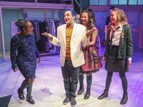 Alessandro Costantini (with Hailey Lewis, left, Stephanie Sy and Sydney Scotia) brings an impish charm to the role of Marc Hall that perfectly suits Prom Queen: The Musical, at the Segal Centre in Montreal in 2016. (JOHN MAHONEY, Postmedia Network)