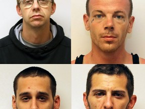 Stephen John Donald Piffl, top row, from left, Ian Robert Charles Miller and ; Rob Timothy Spicer, bottom row from left,and Robert Michael Reid Poffley are wanted by police.