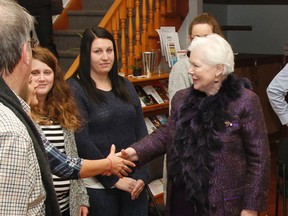 Ontario Lt.-Gov. Elizabeth Dowdeswell meets with a number of staff and youth clients at One Roof Youth Hub on Barrie Street following a roundtable discussion at City Hall and a visit to Queen’s University during her visit on Thursday. Dowdeswell was in town to discuss and listen to stories from Kingstonians about the community’s approach to homelessness. (Julia McKay/The Whig-Standard)