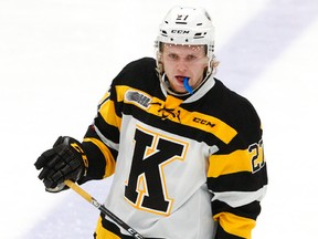 Kingston Frontenacs' Mitchell Byrne in action against Peterborough Petes during second-period OHL action on Jan. 18, 2018, at the Memorial Centre in Peterborough. CLIFFORD SKARSTEDT/Postmedia Network