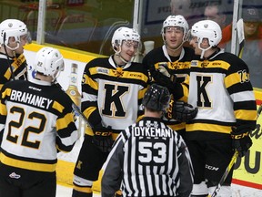 Kingston Frontenacs' Cliff Pu, second from right, celebrates his goal with teammates Jacob Paquette (6), Jakob Brahaney (22), Linus Nyman (75) and Gabriel Vilardi (73) during second-period Ontario Hockey League action on Thursday, Jan. 18, at the Memorial Centre in Peterborough. (Clifford Skarstedt/Postmedia Network)