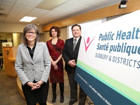Dr. Penny Sutcliffe, left, Medical Officer of Health, Tammy Cheguis, registered dietitian, and Jeff Huska, board vice-chair of Public Health Sudbury & Districts (formerly the Sudbury and District Health Unit), where on hand for a press conference where the health unit's new name was unveiled along with the release of the 2018-22 strategic plan in Sudbury on Thursday. John Lappa/Sudbury Star/Postmedia Network