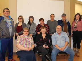 Members of the newly formed Warming Centre committee are just wrapping up the final details before opening doors for overnight shelter to the homeless in the community. President of the Ininew Friendship Centre Board of Directors Desmond O'Connor (back row left to right), VCARS representative Cheryl Crickard, Aboriginal Community Mental Health Program coordinator from Ininew Friendship Centre Valerie Gosselin, volunteers June Landreau and Charles Genier, GA BEH SHOO IN Men's Shelter representative Robert Nadon, Centre de Formation Cochrane-Iroquois Falls representative Renelle Belisle, Anglican Church Archdeacon Deborah Lonergan Freake (front row left to right), Canadian Red Cross volunteer Suzie Major and GA BEH SHOO IN Men's Shelter coordinator Mike Robin were on hand for one of the  meetings they have been holding in preparation of the Warming Centre opening.