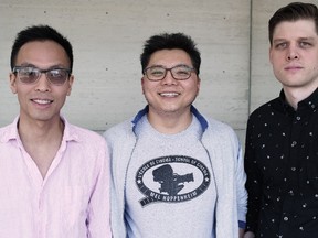 Partners in the Montreal film company GreenGround Productions, from left, Nguyen-Anh Nguyen, Aonan Yang and Watford-raised Andreas Mendritzki, recently celebrated a strong showing at the Montreal International Documentary Festival.
Handout/The Observer