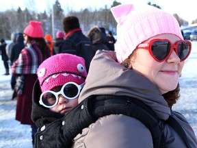 Jessica Lamirande and her daughter, Margot, 2, participated in Women's March Canada in Sudbury, Ont. on Saturday January 20, 2018. The march was held in solidarity with women and human rights groups from across the world. John Lappa/Sudbury Star/Postmedia Network