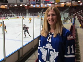 Jessica Platt, a member of the Toronto Furies, played at the Progressive Auto Sales Arena in Sarnia during the weekend at a Scotiabank Hockey Day in Canada event. Platt, who grew up in Sarnia, is the first openly transgender player to compete in the league. (PAUL MORDEN, Sarnia Observer)