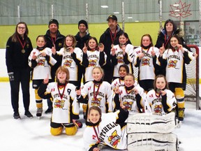 Members of the Mitchell Atom girls after they won their division in the Belmont Aylmer Dorchester (BAD) tournament this past weekend. SUBMITTED