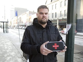Security guard Mathew Granger recently injected naloxone into a person who had overdosed downtown. Granger now carries his own naloxone kit, and thinks training in administering the drug that can prevent an opioid overdose should be standard in his industry, where guards frequently are first responders. (Derek Ruttan/The London Free Press)