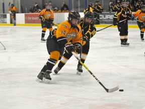 Gordon Anderson/Daily Herald-Tribune 
Peace Country defender Maddy Brazel skates with the puck against the Edmonton Pandas in a Alberta Female Hockey League Bantam Elite game last season. Tarryn Hemmingway will take over behind the bench for the beginning of the 2018-19 season.