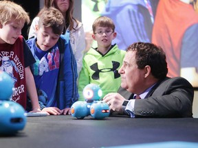 Grade 5 and 6 students from Macleod Public School explain the Dash Robots to Nickel Belt MP Marc Serré at Science North on Monday. The Government of Canada is investing in Science North to engage youth in Northern Ontario schools and First Nations communities in coding and programming, The investment of $2 million is being allocated through CanCode, a federal program that gives students from Kindergarten to Grade 12 the opportunity to learn coding and other digital skills. The funding will also provide thousands of Canadian teachers with the tools needed to educate Canadian youth on these skills. Gino Donato/Sudbury Star/Postmedia Network