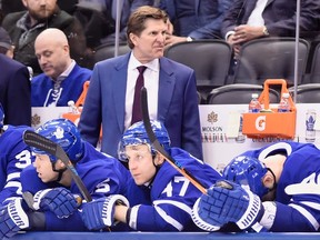 Toronto Maple Leafs head coach Mike Babcock yells from the bench during the final seconds of third period NHL hockey action against the Colorado Avalanche in Toronto on Monday, January 22, 2018. THE CANADIAN PRESS