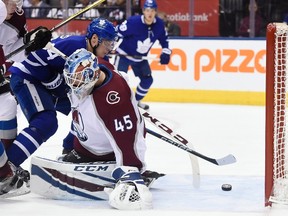 Toronto Maple Leafs centre Auston Matthews scores against Colorado Avalanche goaltender Jonathan Bernier during second-period action on Jan. 22, 2018. The goal was called back due to goaltender interference. THE CANADIAN PRESS