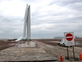 Heavy rain left the site of a wind turbine tower collapse on Sixteenth Line in Raleigh Township a muddy mess on Monday. The investigation into what caused the turbine tower to buckle is expected to be completed in the coming weeks, says an official with TerraForm Power. (Ellwood Shreve/Postmedia Network)