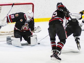 Blair Coffin makes a pad save during the last Sarnia Legionnaires home game. The Jr. 'B hockey club returns to action Thursday when it faces the Strathroy Rockets at Sarnia Arena. Coffin has won 10 games so far this season. Photo courtesy of Shawna Lavoie. (Handout/The Observer)