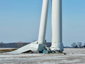 An industrial wind turbine in south Chatham-Kent last Friday morning, hours after it buckled. It’s collapse was triggered widespread interest; the Canadian Wind Energy Association says it’s just the second time such an incident has occurred in Canada, among 6,400 turbines. (Tom Morrison/Postmedia Network)