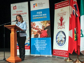 Kingston and the Islands MPP Sophie Kiwala announces that the Ontario government will be committing $64 million to local catholic and french school construction and renovations, along with 120 new local licensed childcare spaces. Seen here with directors Edith Dumont (CEPEO), left, Jodi DiRocco (ALCDSB) and Rejean Sinois (CECCE) at the school capital funding announcement at Centre Culturel Frontenac in Kingston, Ont. on Tuesday January 23, 2018. Julia McKay/The Whig-Standard/Postmedia Network