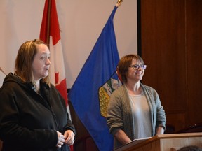 Lornes Blanket manager Sarah Diformite (left) and board member Michelle Harder present on their organization to the Rotary Club of Whitecourt on Jan. 18 (Peter Shokeir | Whitecourt Star).