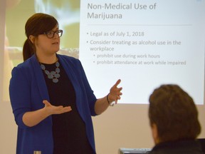 Carly Stringer speaks to employers and managers during a Chamber of Commerce presentation at the Schumacher Lions Club. The Timmins lawyer detailed how businesses should approach crafting a policy in response to the legalization of recreational marijuana.